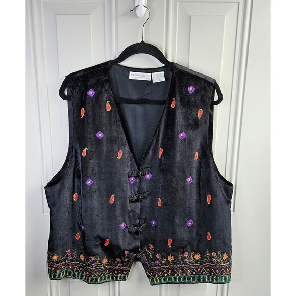 Vintage Elisabeth Liz Claiborne Black Velvet Embroidered Vest Size 1X Whimsigoth - Picture 1 of 14